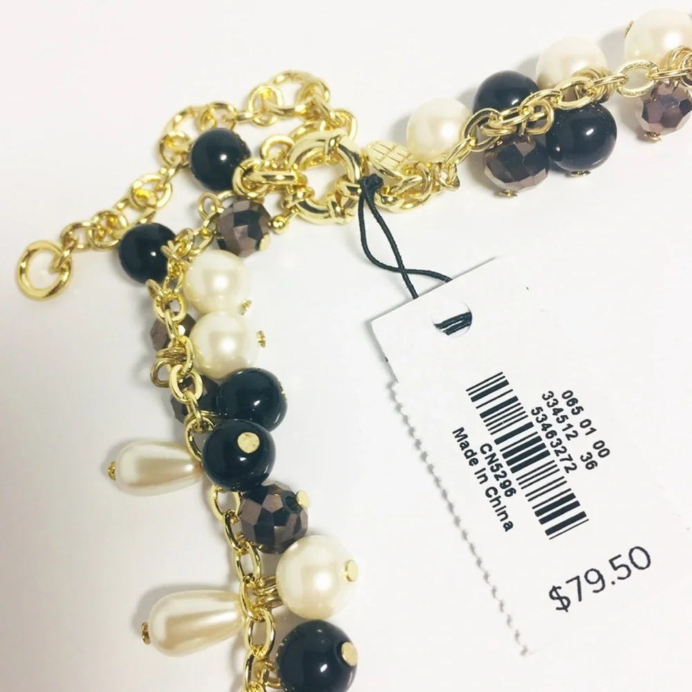 Talbots Clustered Pearl Stretch Necklace Black Ivory NEW
